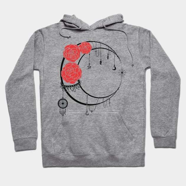 Ligh Moon with Transparent lines Red Roses Tattoo Hoodie by Kalma Kun